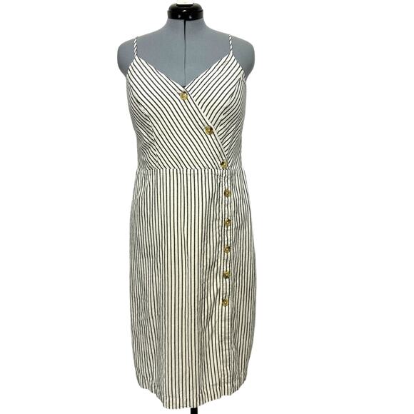 Maurices Stripe Button Front Faux Wrap Dress Adjustable Strap Smocked Back Sz: L - Picture 1 of 8